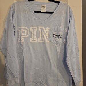 Victoria's Secret PINK Light Blue Long Sleeve V-Neck Tee